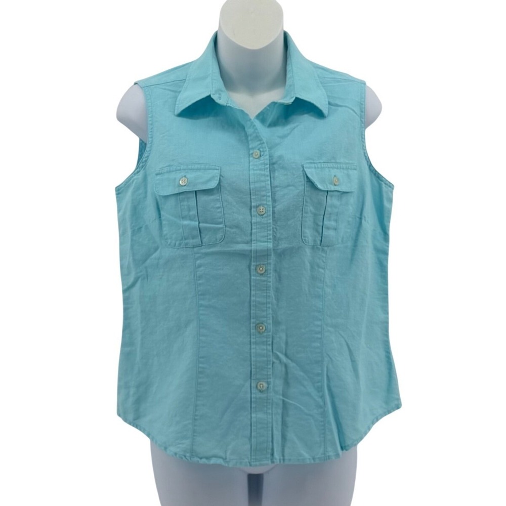 Eddie Bauer Linen Cotton Sleeveless Shirt Women S Aqua Blue Button Down Blouse